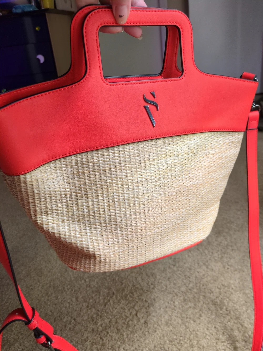 Simply Vera Vera Wang straw crossbody bag orange faux leather trim & top handle